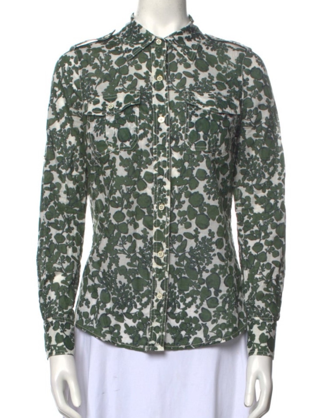 Tory Burch Green Floral Print Button-Front Shirt